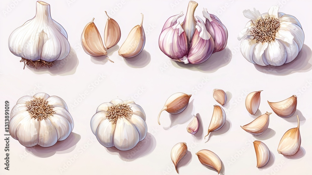 Fototapeta premium Garlic Cloves and Bulbs Isolated on White Background for Culinary and Food Photography Needs