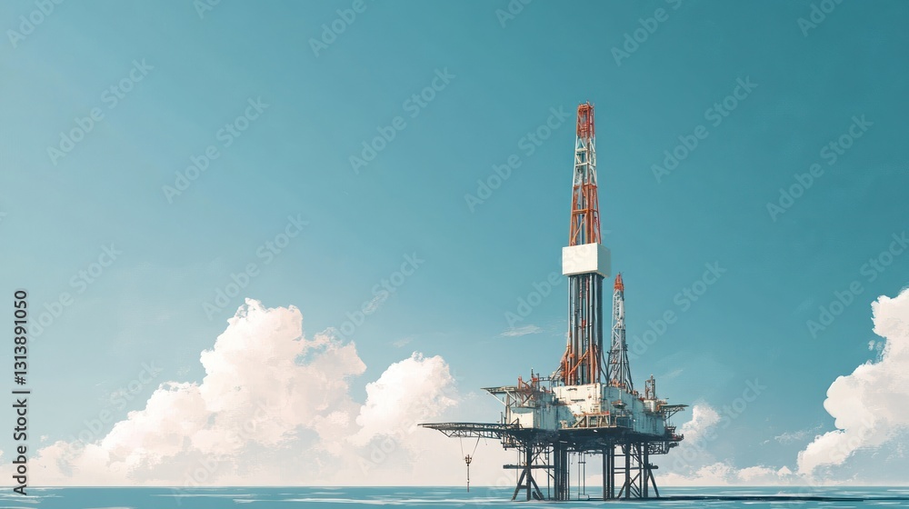 Obraz premium Offshore oil rig platform, ocean, sunny sky, energy production