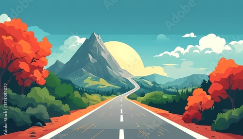 Sunset road journey through majestic mountains vast landscape digital art vibrant nature panoramic view travel concept