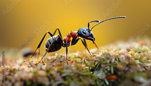 Ant exploring mossy terrain in nature close-up photography outdoor environment macro viewpoint insect diversity