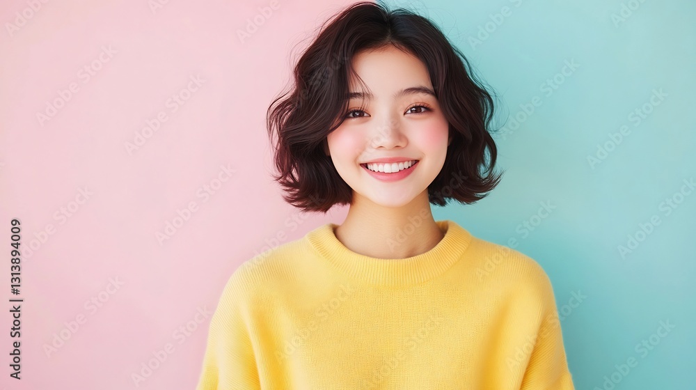 Fototapeta premium Asian woman short dark brown hair pastel yellow sweater smiling