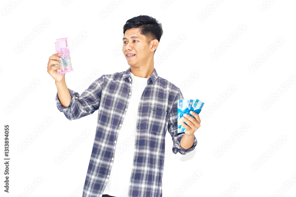 Man Holding Colorful Cash Bills On White Backgrounds Man Holding Colorful Cash Bills On White Backgrounds