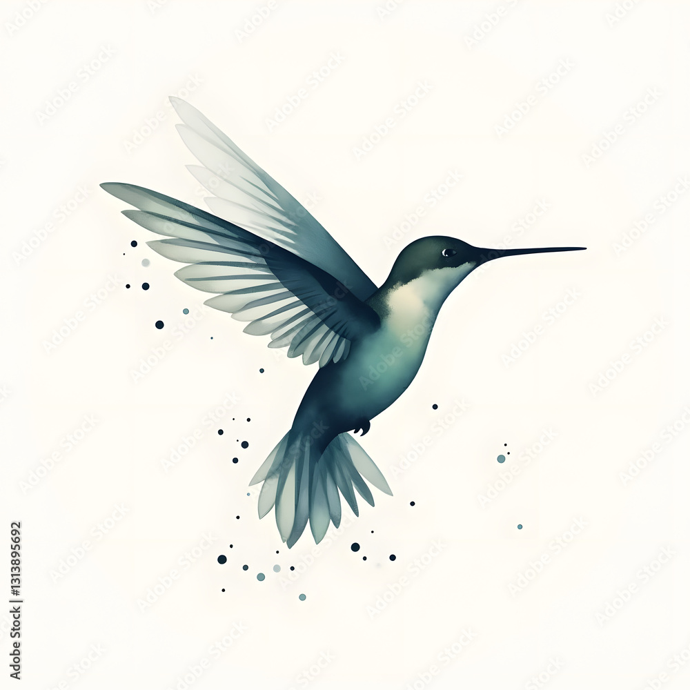 Fototapeta premium Stylized hummingbird emblem in flight with sharp geometric wings and soft ink wash shading, featuring a sleek and elegant silhouette in a modern minimalist design