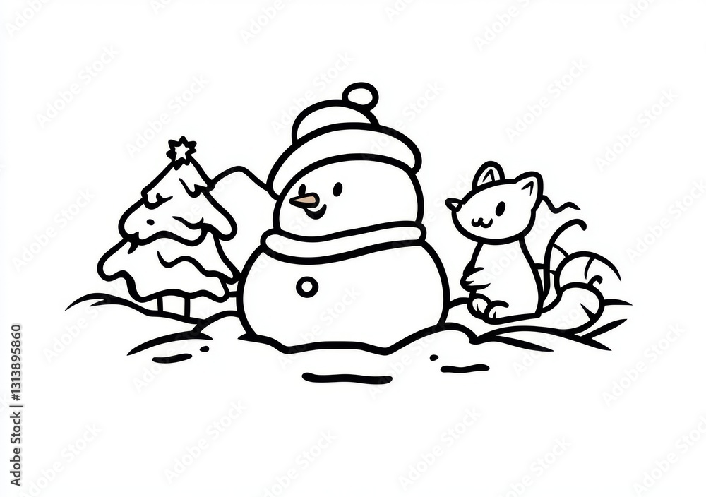 A festive A4 colouring page for kids or adults with a snowman, candy cane, and squirrel A festive A4 colouring page for kids or adults with a snowman, candy cane, and squirrel