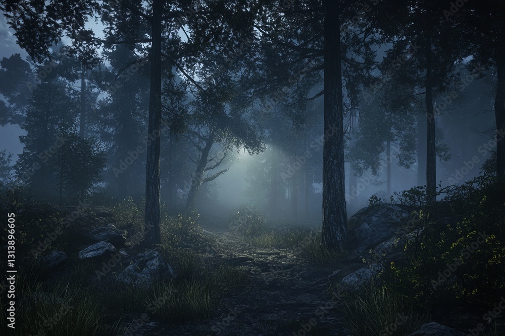 Fototapeta premium A serene forest scene featuring a misty path illuminated by gentle light filtering through towering trees. Perfect for nature lovers and adventure seekers.