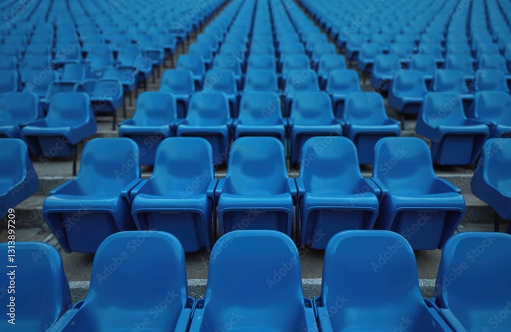 Rows of empty blue seats in stadium stands. Sport arena before game or after match. Perspective view of vacant seats. Architecture of large modern facility. Organized symmetric structure outdoors. Rows of empty blue seats in stadium stands. Sport arena before game or after match. Perspective view of vacant seats. Architecture of large modern facility. Organized symmetric structure outdoors.