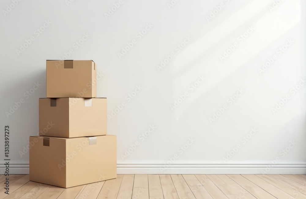 Three cardboard boxes stacked room. Moving company, delivery service concept. Brown packages pile near wall on parquet floor. House relocation apartment shifting. Copy space for advertising goods. Three cardboard boxes stacked room. Moving company, delivery service concept. Brown packages pile near wall on parquet floor. House relocation apartment shifting. Copy space for advertising goods.