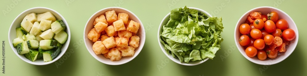 Four Bowls Filled With Fresh Food Ingredients Such as Croutons, Lettuce, Cucumber, Cherry Tomatoes Four Bowls Filled With Fresh Food Ingredients Such as Croutons, Lettuce, Cucumber, Cherry Tomatoes