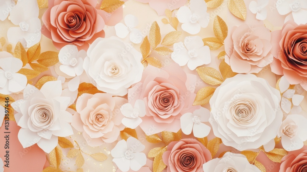 Beautiful Paper Flowers in Soft Colors with Golden Leaves Background Beautiful Paper Flowers in Soft Colors with Golden Leaves Background