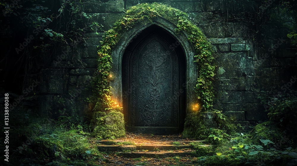 Fototapeta premium Ancient stone archway door in mystical forest