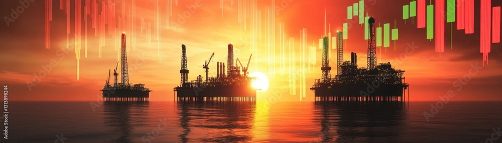 Obraz premium Silhouette of offshore oil rigs at dawn with an overlay of vibrant colors reflecting the tranquil morning sky.