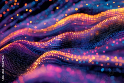 This stunning abstract image showcases colorful waves illuminated by glowing particles, creating a mesmerizing effect. Ideal for technology and artistic projects.