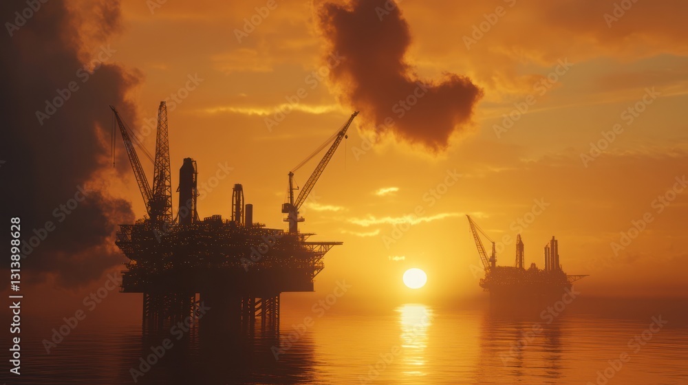 Obraz premium Offshore oil rigs at sunset, ocean platform, energy production