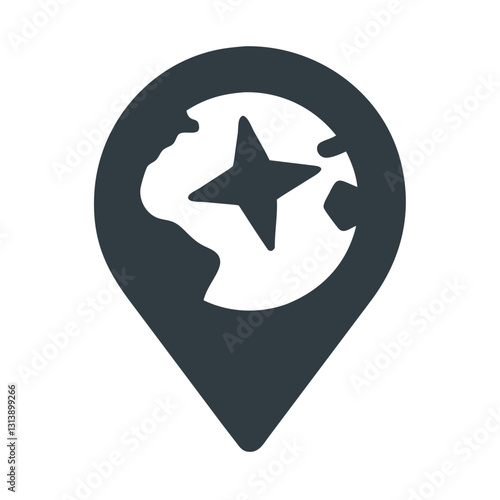 Location pin with world map and navigation symbol