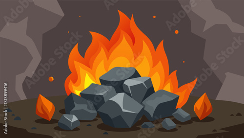 The furnaces flames licked at the metal chunks inside eagerly consuming them and turning them into a fiery pool of molten metal.. Vector illustration