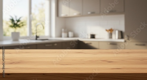Modern kitchen interior with focused empty wooden tabletop and stylish decor in a cozy home