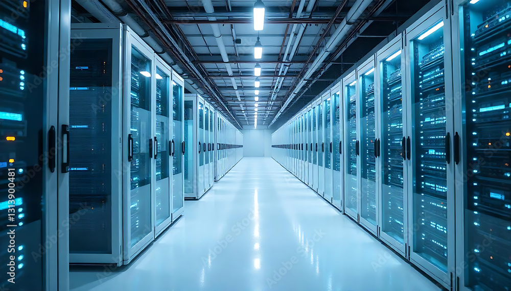 High tech data center with illuminated server racks and modern design, Futuristic data center with illuminated server racks, interior view of high-tech data center corridor, created with generative ai High tech data center with illuminated server racks and modern design, Futuristic data center with illuminated server racks, interior view of high-tech data center corridor, created with generative ai
