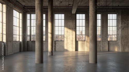 Spacious Industrial Loft Interior with Concrete Walls and Windows