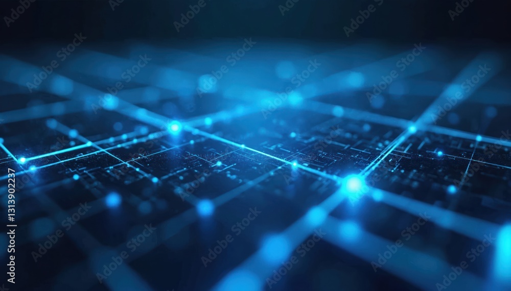 Obraz premium Blue futuristic tech background with glowing lines, nodes. Modern digital design innovation, network, data transfer. Geometric pattern, stylish grid structure for cyberspace computer themes projects.