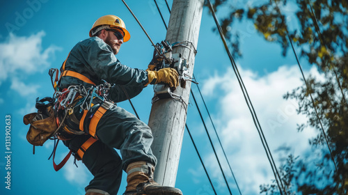 lineman in protective gloves, harness, and a hard hat, climbing a utility pole
