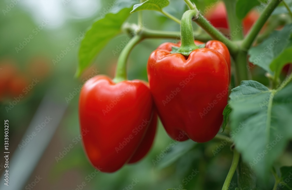Big ripe sweet bell peppers, red paprika grow in glass greenhouse, bio farming. Dutch capsicum crop. Healthy fresh harvest, organic produce concept. Farm plant production indoors. Big ripe sweet bell peppers, red paprika grow in glass greenhouse, bio farming. Dutch capsicum crop. Healthy fresh harvest, organic produce concept. Farm plant production indoors.