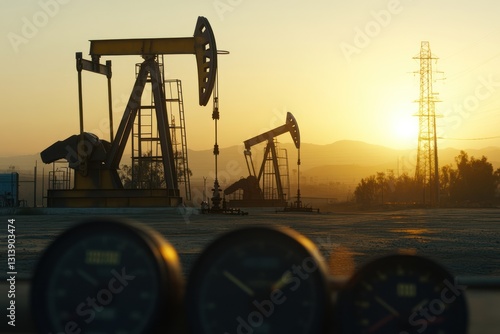 Oil pumps at sunrise, energy industry, desert landscape, gauges in foreground, industrial