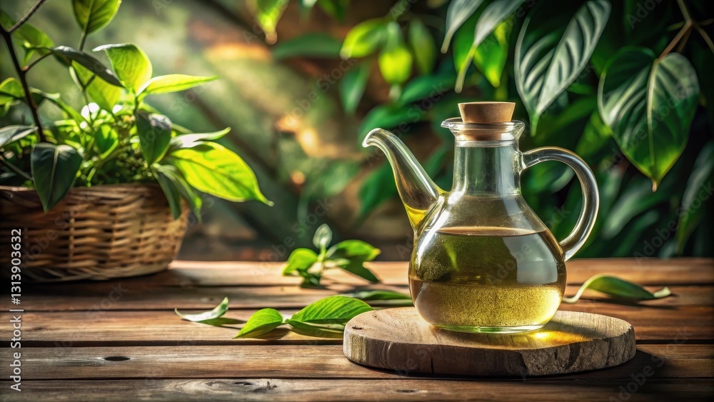 A glass decanter of golden oil rests on a wooden surface, surrounded by lush green foliage in a tranquil setting A glass decanter of golden oil rests on a wooden surface, surrounded by lush green foliage in a tranquil setting