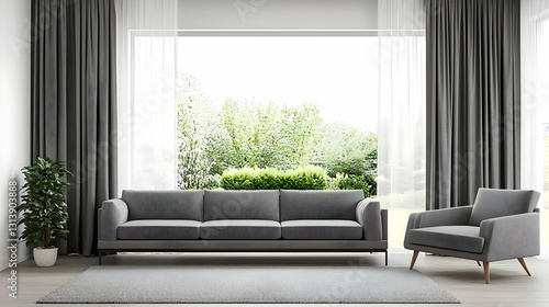 Modern Living Room Interior With Gray Sofa Armchair And Large Window Overlooking Green Garden With Ample Natural Light