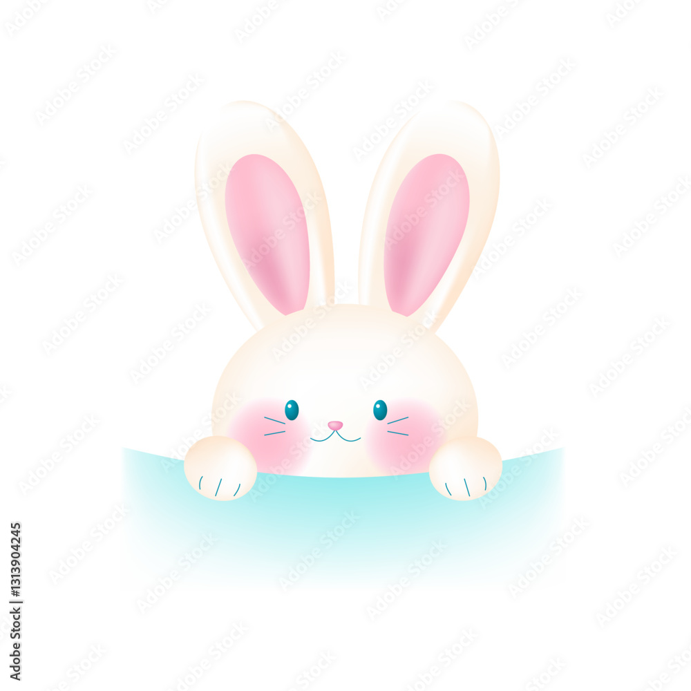 Obraz premium Cute 3D bunny in pastel colors peeks out. Happy Easter.Vector illustration.