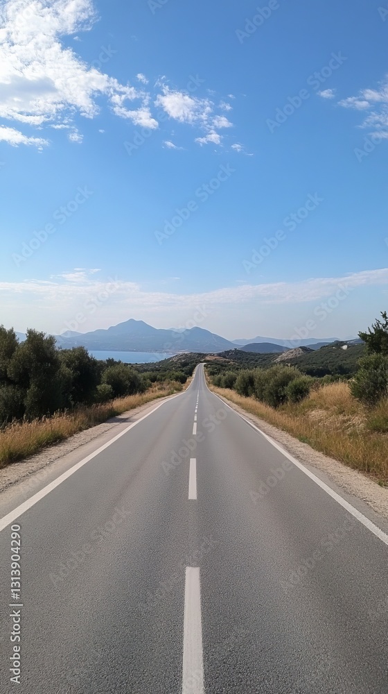 This image features a tranquil empty road stretching into the distance under a bright blue sky, framed by lush greenery and distant mountains. This image features a tranquil empty road stretching into the distance under a bright blue sky, framed by lush greenery and distant mountains.
