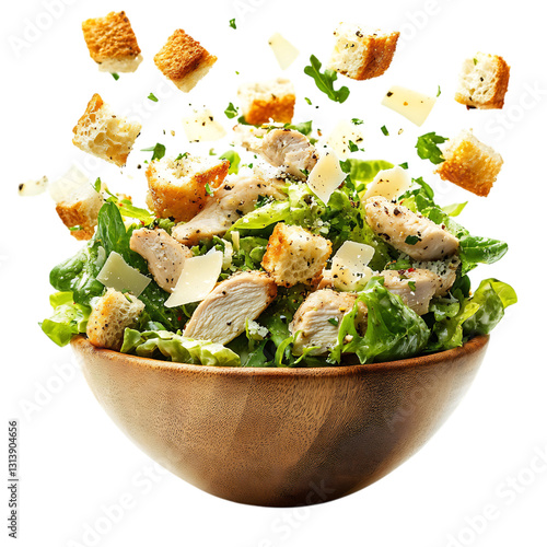 A Fresh Chicken Caesar Salad with Croutons Isolated on Transparent Background