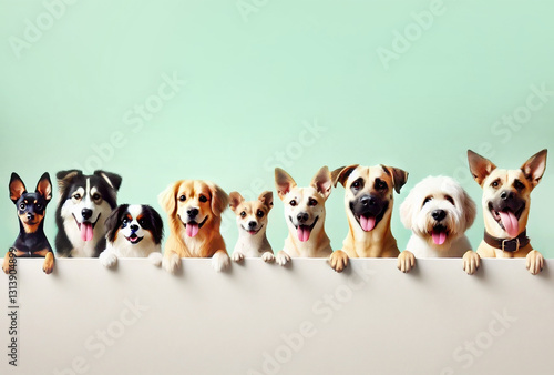 Adorable Dogs Peeking Over a White Wall, Perfect for Website Banners, Row of Cute Dogs Peeking Over a Blank White Sign, Ideal for Social Media