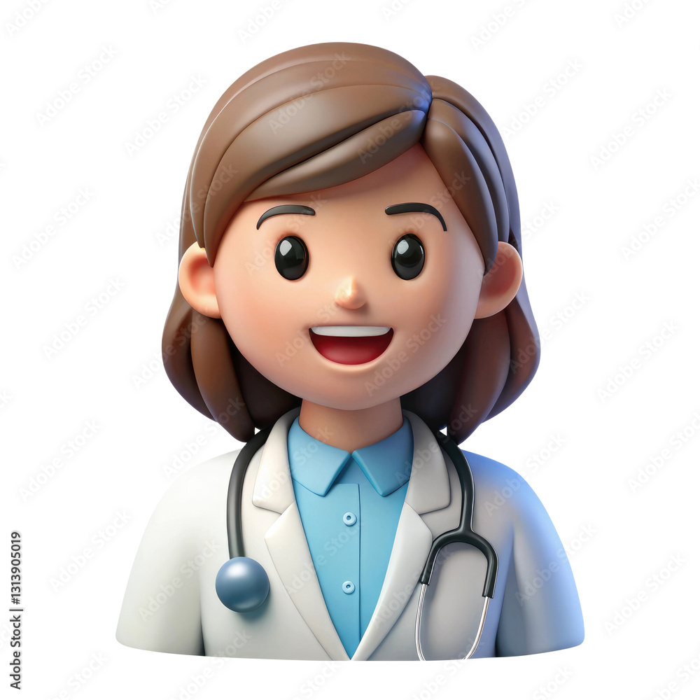 smiling female doctor with stethoscope 3d character cartoon plastic style minimal isolated on transparent white background, clipping path smiling female doctor with stethoscope 3d character cartoon plastic style minimal isolated on transparent white background, clipping path