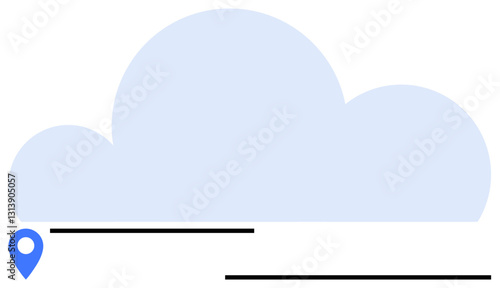Large blue cloud with a map location pin and horizontal lines representing storage, navigation, and accessibility. Ideal for technology, data, web services, storage, navigation, cloud computing