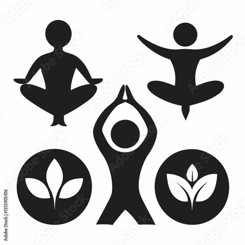 Wellness Silhouette Icon Set Vector Art Illustration. health care logo. yoga lotus pose