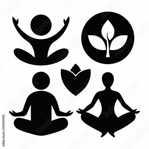 Wellness Silhouette Icon Set Vector Art Illustration. health care logo. yoga lotus position