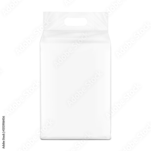 Realistic stand bag with hole handle mockup. Front view. Vector illustration isolated on white background. Suite for the presentation of diapers, wet wipes, pants changing mats. EPS10.