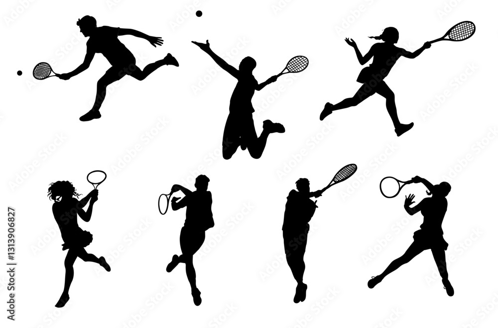 custom made wallpaper toronto digitalSilhouettes of sports men and women big tennis players. Professional sportsmen holding racket, hitting ball. Vector black monochrome outline illustrations isolated on transparent background.