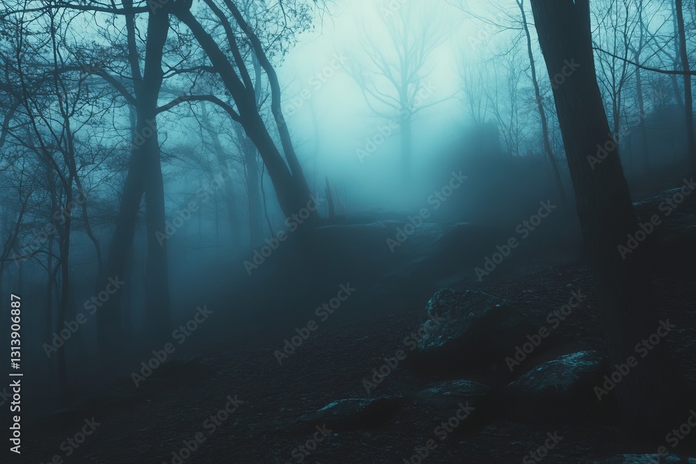 Fototapeta premium An atmospheric view of a foggy forest featuring silhouetted trees in a blue hue. This serene scene captures the essence of nature's mystery and tranquility.
