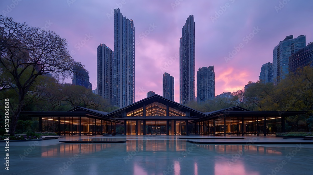 Fototapeta premium Futuristic City Skyline at Sunset with Reflections and Modern Architecture
