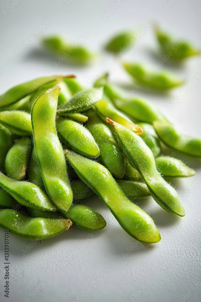 Fresh green edamame soybeans in pods arranged on light background with soft natural lighting Fresh green edamame soybeans in pods arranged on light background with soft natural lighting