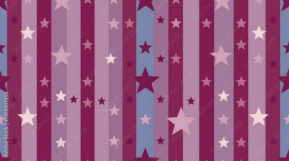 Celestial Stripes: A repeating pattern of vertical stripes in varying shades of purple, adorned with a scattering of stars, creates a whimsical and festive backdrop or design element. Celestial Stripes: A repeating pattern of vertical stripes in varying shades of purple, adorned with a scattering of stars, creates a whimsical and festive backdrop or design element.