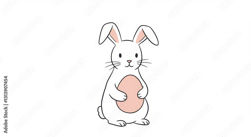 Adorable white cartoon rabbit holding a light pink egg Adorable white cartoon rabbit holding a light pink egg