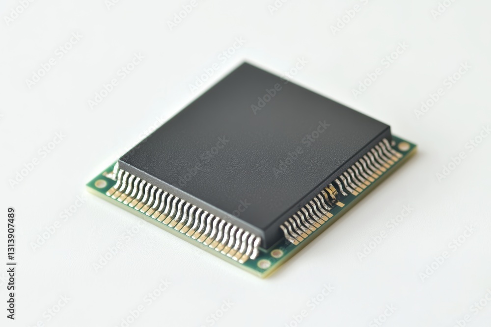 Black Microchip on Green Circuit Board Isolated on White Background Black Microchip on Green Circuit Board Isolated on White Background