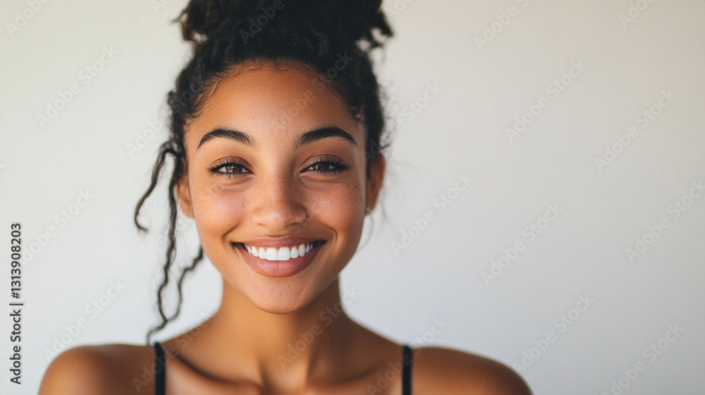Portrait of a young woman with a beautiful smile and dark hair girl face skin happy model teeth style Portrait of a young woman with a beautiful smile and dark hair girl face skin happy model teeth style