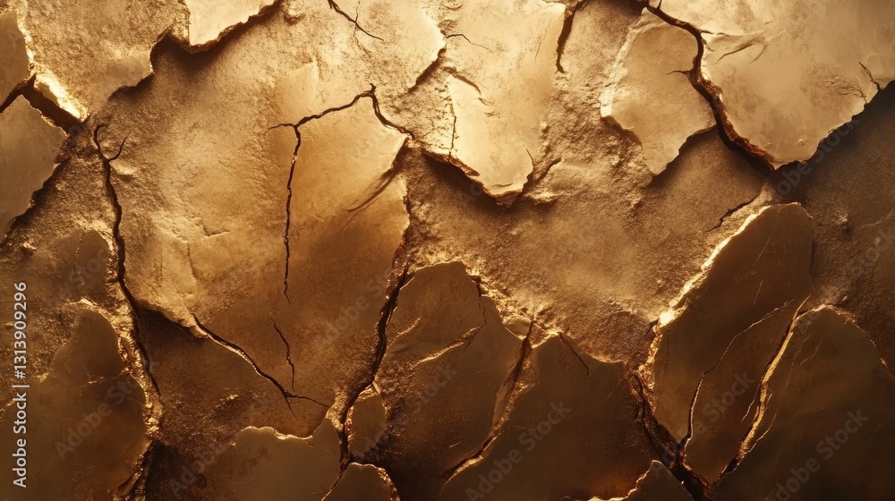 Fototapeta premium Cracks traverse a textured golden surface with rough edges