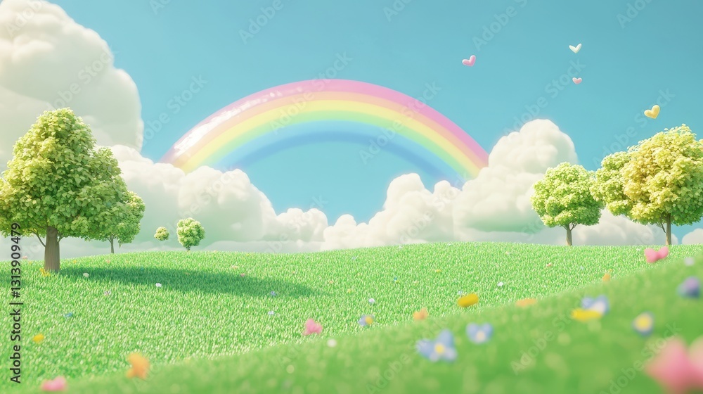 illustration of Summer fields landscape with a dawn,Rainbow, green grass hills, bright color blue sky, country background,banner resting vacation. illustration of Summer fields landscape with a dawn,Rainbow, green grass hills, bright color blue sky, country background,banner resting vacation.