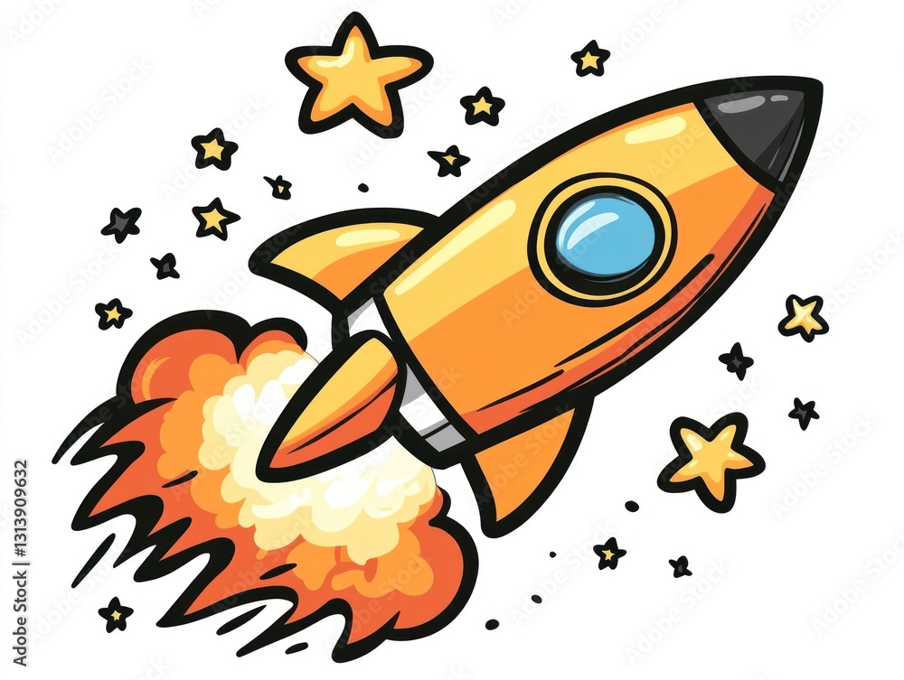 Orange rocket launching into space, stars background, children's illustration Orange rocket launching into space, stars background, children's illustration