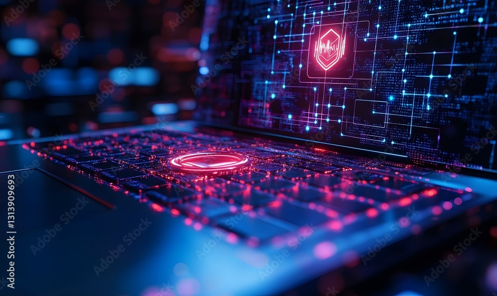 Obraz premium Cybersecurity Digital Neon Laptop Screen Technology Abstract Background Data Code Glow Pink Blue 