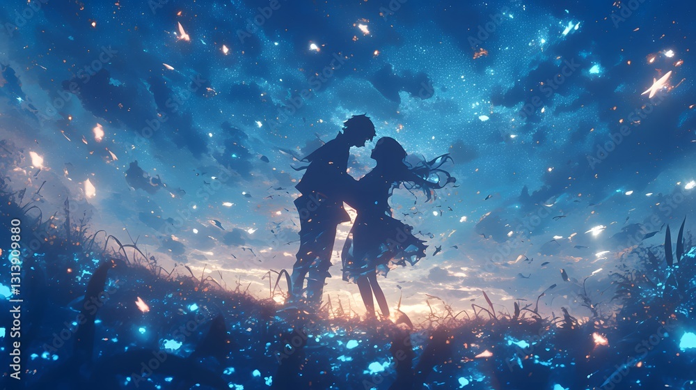 Obraz premium Romantic Anime Scene of Two Characters Holding Hands at Dusk